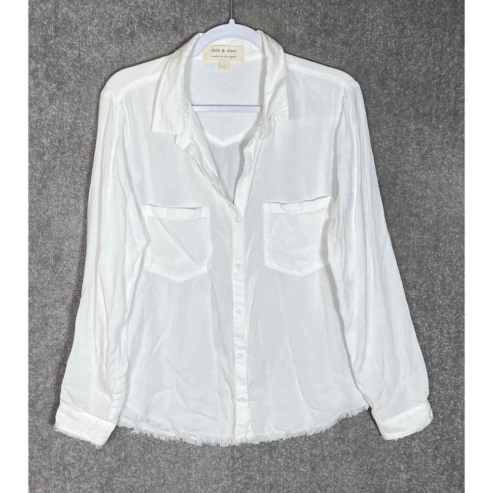 Cloth & Stone Button Up Frayed Edge Top Womens Size L White Pockets Long Sleeve